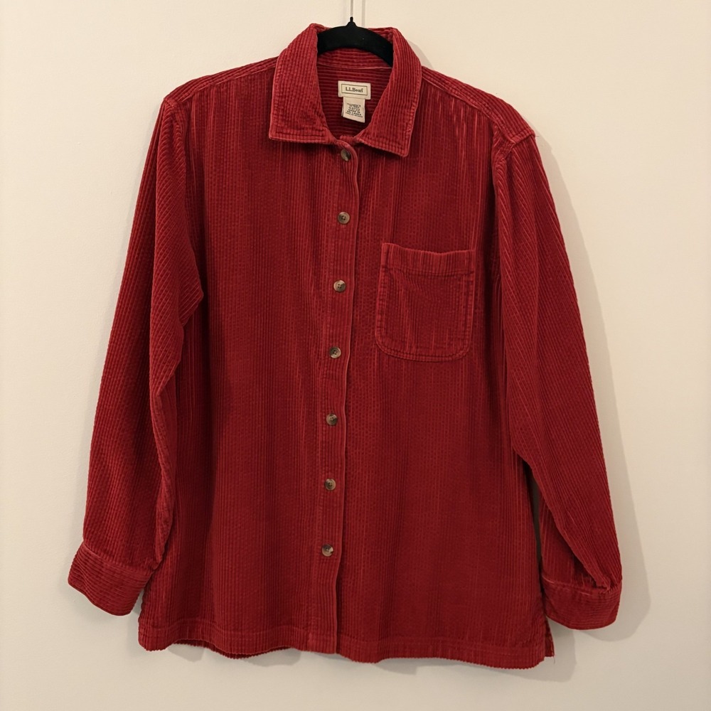 LL Bean Comfort Corduroy Relaxed Shirt Red Sz M Button Up Shacket Granola Cotton
